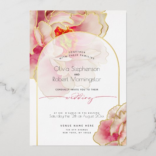 ウェディング | 見事なコーラル ローズ 牡丹 箔招待状 (正面)