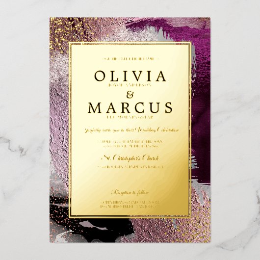 ウェディング | 金ゴールドエレガントカシスプラムブラシストローク 箔招待状 (正面)