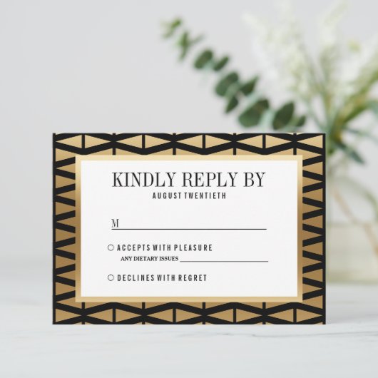 ウェディング |金ゴールドモダンと黒の幾何学的 出欠カード (スタンド正面)