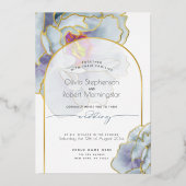 ウェディング | 驚くほど美しいダスティーブルーの牡丹 箔招待状 (正面)