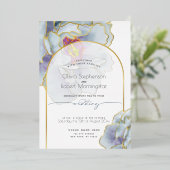 ウェディング | 驚くほど美しいダスティーブルーの牡丹 箔招待状 (立ち正面)