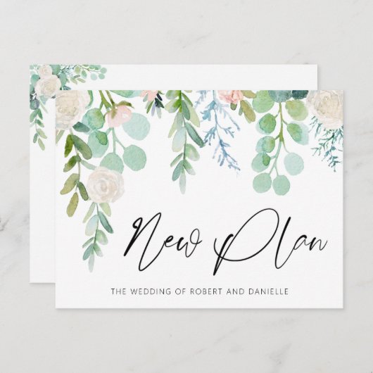 ウェディング NEW PLAN 水彩 フラワー グリーン 案内ポストカード (正面/裏面)