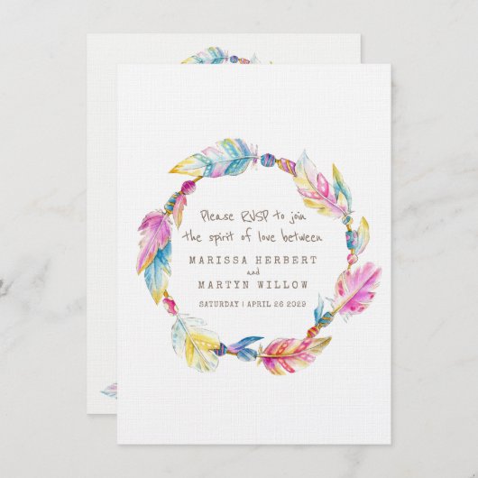 ウェディング RSVP ボヘミアンフェアー ネイティブ トライバルリース 招待状 (正面/裏面)