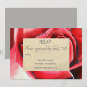 ウェディング RSVP 赤いバラの花のアート ラスティック 招待状 (正面/裏面)