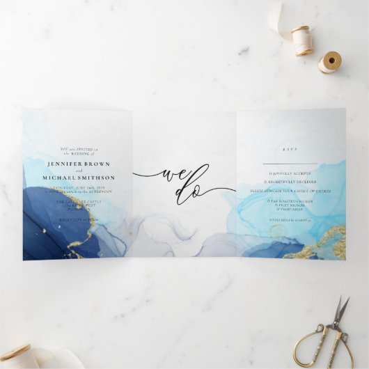 ウェディングRSVPアクアグラデーションブルー金ゴールド 三つ折りカード (内部)