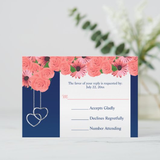 ウェディングRSVPカードコーラル花とネイビーブルー 出欠カード (スタンド正面)