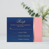 ウェディングRSVPカードコーラル&ネイビー金ゴールドハート 出欠カード (スタンド正面)