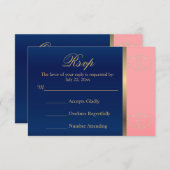 ウェディングRSVPカードコーラル&ネイビー金ゴールドハート 出欠カード (正面/裏面)