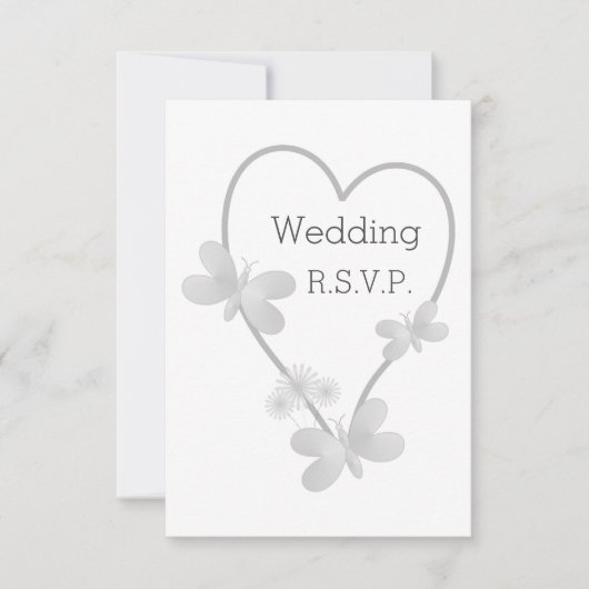 ウェディングRSVPカードシルバーハート蝶 招待状 (正面)