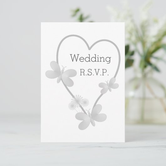 ウェディングRSVPカードシルバーハート蝶 招待状 (スタンド正面)