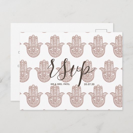 ウェディングRSVPカードバラ金ゴールド結婚インディアン インビテーションポストカード (正面/裏面)