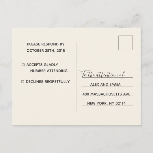 ウェディングRSVPカード水の色のスクリプトポストカード インビテーションポストカード (裏面)