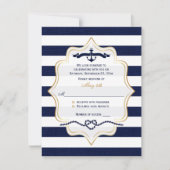 ウェディングRSVPカード |ネイビー、ホワイトフェイク・バーストライプラップ 招待状 (正面)