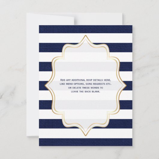 ウェディングRSVPカード |ネイビー、ホワイトフェイク・バーストライプラップ 招待状 (裏面)