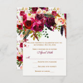 ウェディングRSVPカード – バーガンディフローラ，羽根 招待状 (正面/裏面)