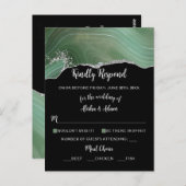 ウェディングRSVPグリーンアゲートシルバーグリッターオンブラック ポストカード (正面/裏面)