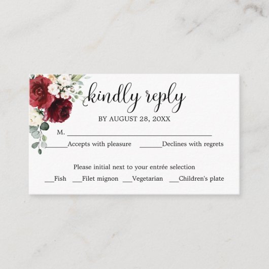 ウェディングRSVPチョーク素朴バーガンディフローラ エンクロージャーカード (正面)