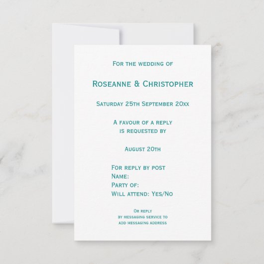 ウェディングRSVPティール(緑がかった色)色蝶ハート 出欠カード (裏面)