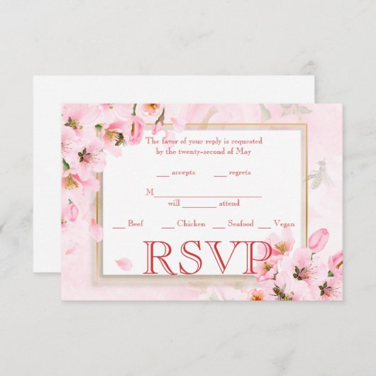 ウェディングRSVPピンクさくらんぼブロッサムカード 招待状 (正面/裏面)
