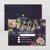 ウェディングRSVPフローラパープルスパークルストリングライト 出欠カード (正面/裏面)