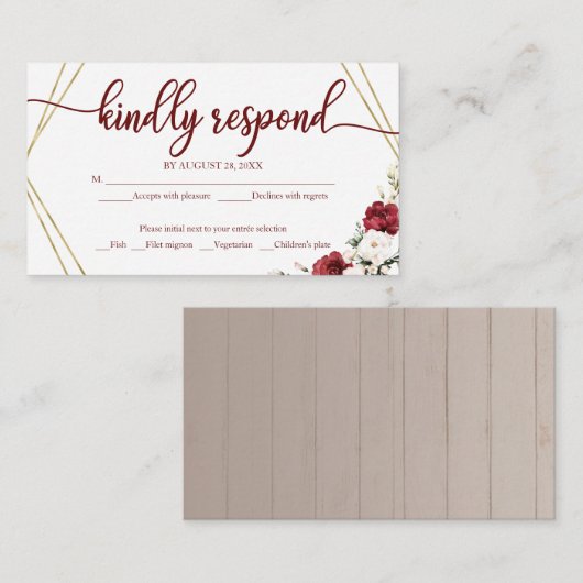 ウェディングRSVPホワイトフローラ幾何素朴木材E エンクロージャーカード (正面/裏面)