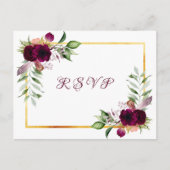 ウェディングRSVPホワイト花模様バーガンディ インビテーションポストカード (正面)