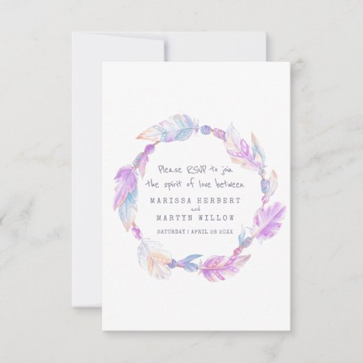 ウェディングRSVPボーホフェザーパープルトバルリース 出欠カード (正面)