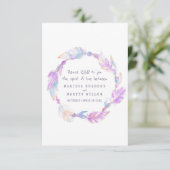 ウェディングRSVPボーホフェザーパープルトバルリース 出欠カード (スタンド正面)