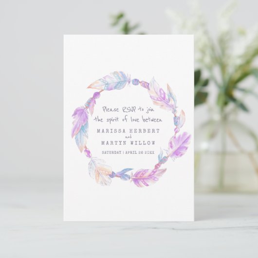 ウェディングRSVPボーホフェザーパープルトバルリース 出欠カード (スタンド正面)