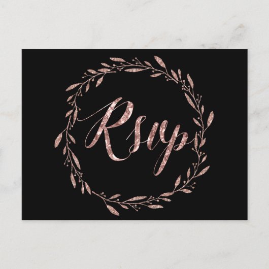 ウェディングRSVPポストカードバラゴールドフォイルリースブラック インビテーションポストカード (正面)