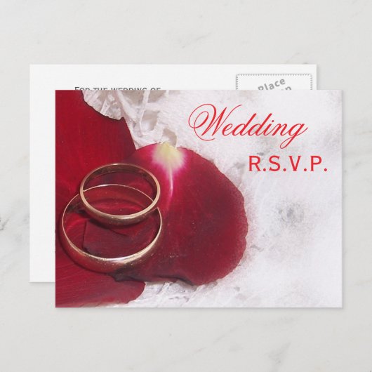 ウェディングRSVPポストカード金ゴールドリングや輪バラ花びら インビテーションポストカード (正面/裏面)
