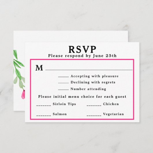 ウェディングRSVPメニューピンクフローラ差出人住所カード 招待状 (正面/裏面)