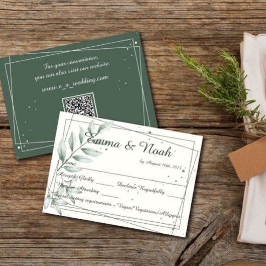 ウェディングRSVP応答カードロマンチックな緑葉の 出欠カード