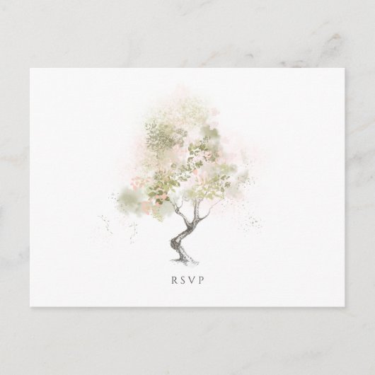 ウェディングRSVP緑ミニマルモダン水色ツリー インビテーションポストカード (正面)