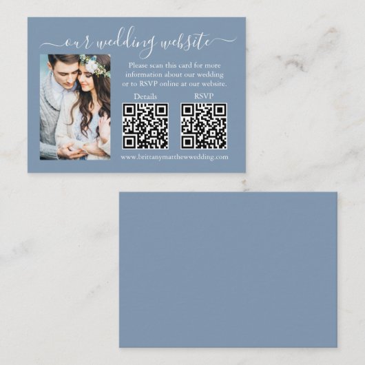 ウェディングRSVP詳細写真2 QRほこりっぽい青 エンクロージャーカード (正面/裏面)