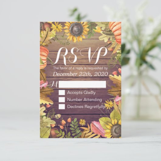ウェディングRSVP返信秋メープルリーフカボキンズウッド 出欠カード (スタンド正面)
