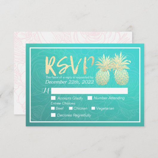 ウェディングRSVP返信金ゴールドパイナップルカップルティール(緑がかった色)バラ 出欠カード (正面/裏面)