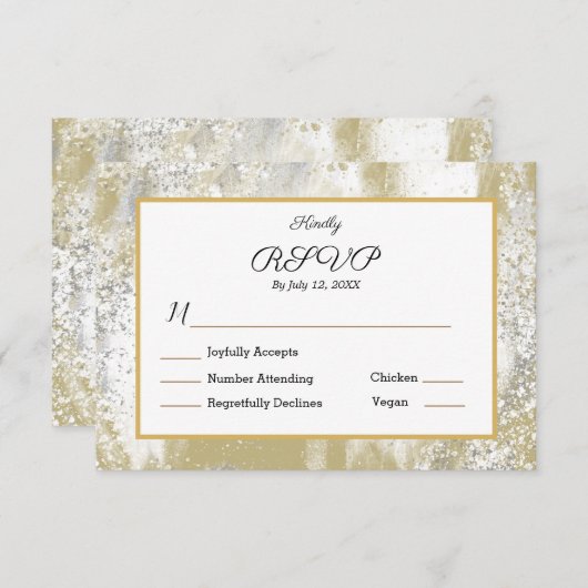 ウェディングRSVP食事応答エレガントシルバー金ゴールド 出欠カード (正面/裏面)