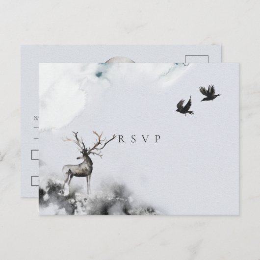 ウェディングRSVP魅惑された森のスタグムーン インビテーションポストカード (正面/裏面)