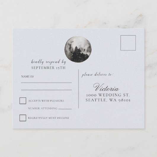 ウェディングRSVP魅惑された森のスタグムーン インビテーションポストカード (裏面)