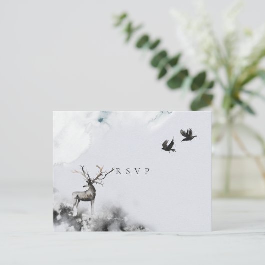 ウェディングRSVP魅惑された森のスタグムーン インビテーションポストカード (スタンド正面)