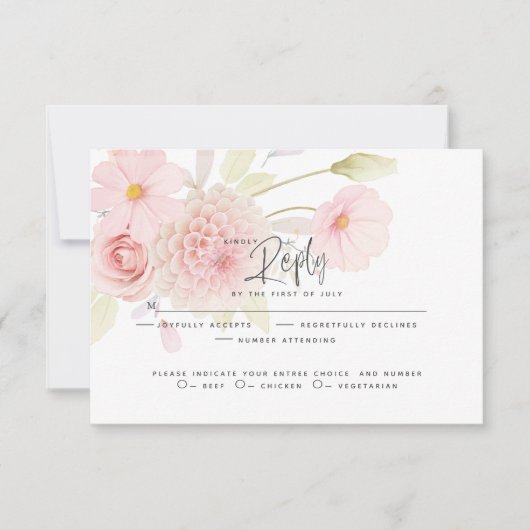 ウェディングRSVP |パステルピンクの花 出欠カード (正面)