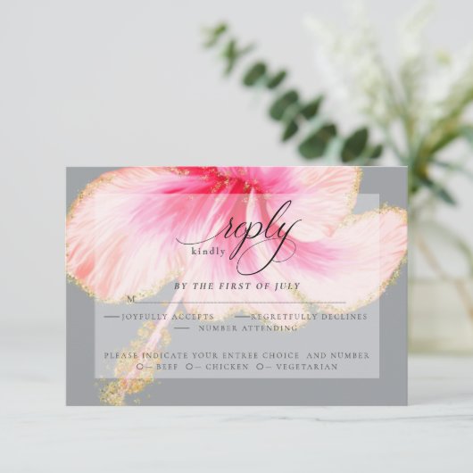 ウェディングRSVP | ピンクの水彩ハイビスカスフラワー 出欠カード (スタンド正面)