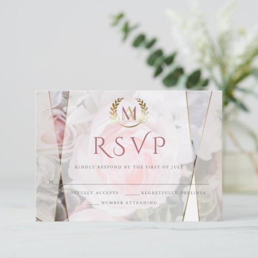 ウェディングRSVP |幾何学的モダンピンクロース 出欠カード (スタンド正面)