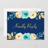 ウェディングRSVP – 水彩ネイビーブルー金ゴールドフローラ インビテーションポストカード (正面/裏面)