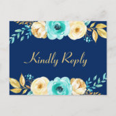 ウェディングRSVP – 水彩ネイビーブルー金ゴールドフローラ インビテーションポストカード (正面)
