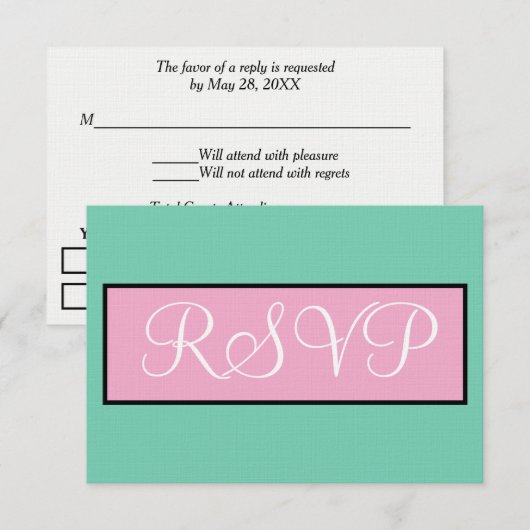 ウェディングRSVP Seafoam Green Pink White 出欠カード (正面/裏面)