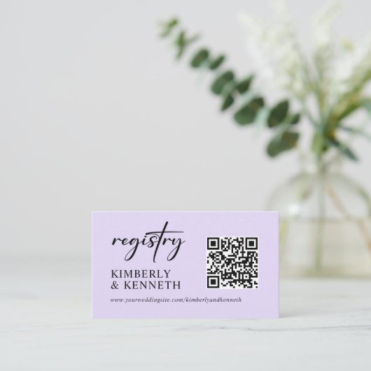 ウェブサイトQRコードレジストリパープルラベンダー結婚ズ エンクロージャーカード (スタンド正面)