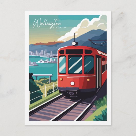 ウェリントンニュージーランドヴィンテージ旅行イラストレーション ポストカード (正面)