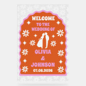 ウェルカムはっきりしたピンクオレンジレトロボホデイジー結婚ズ アクリルサイン (正面)